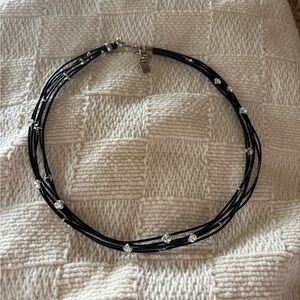 Multi-Strand Black Cord Necklace with Crystal Accents